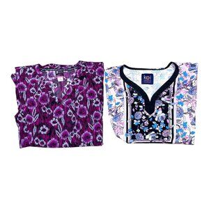 Koi Lite Womens L Stretch Scrub Tops Floral Print Lot Set Of 2 Short Sleeve